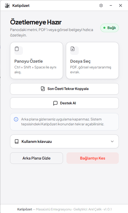 Katipözet Masaüstü: Panoyu Özetle, Dosya Seç ve Son Özeti Tekrar Kopyala seçenekleri